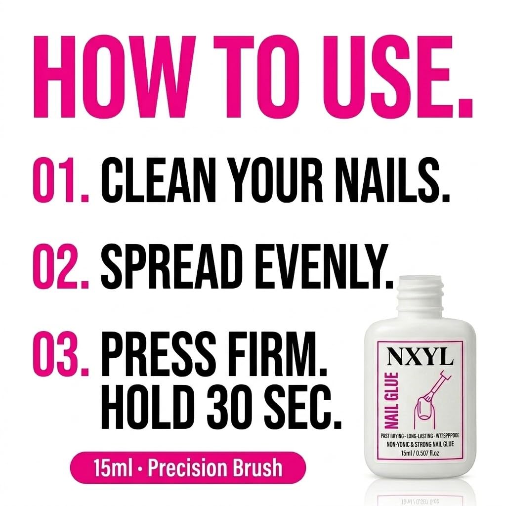 Strong Brush on Nail Glue for Press on Nails - Fast Drying, Long-Lasting, Waterproof, Ideal for Acrylic Tips and Fake Nails, (15ml) Reliable Adhesive Glue for Professional & Home Use
