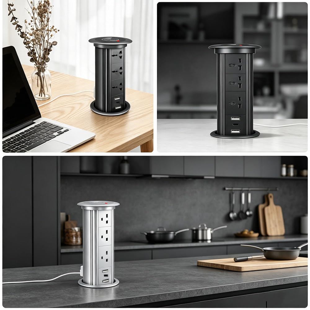 Prese A Scomparsa Per Piani Cucina,3 Prese Multifunzione Ca,2 Usb-A + 1 Usb-C,Ricarica Wireless Da 15W,Sollevamento Intelligente Tramite Tocco,Installazione A Scomparsa,Per Scrivania Di Casa A