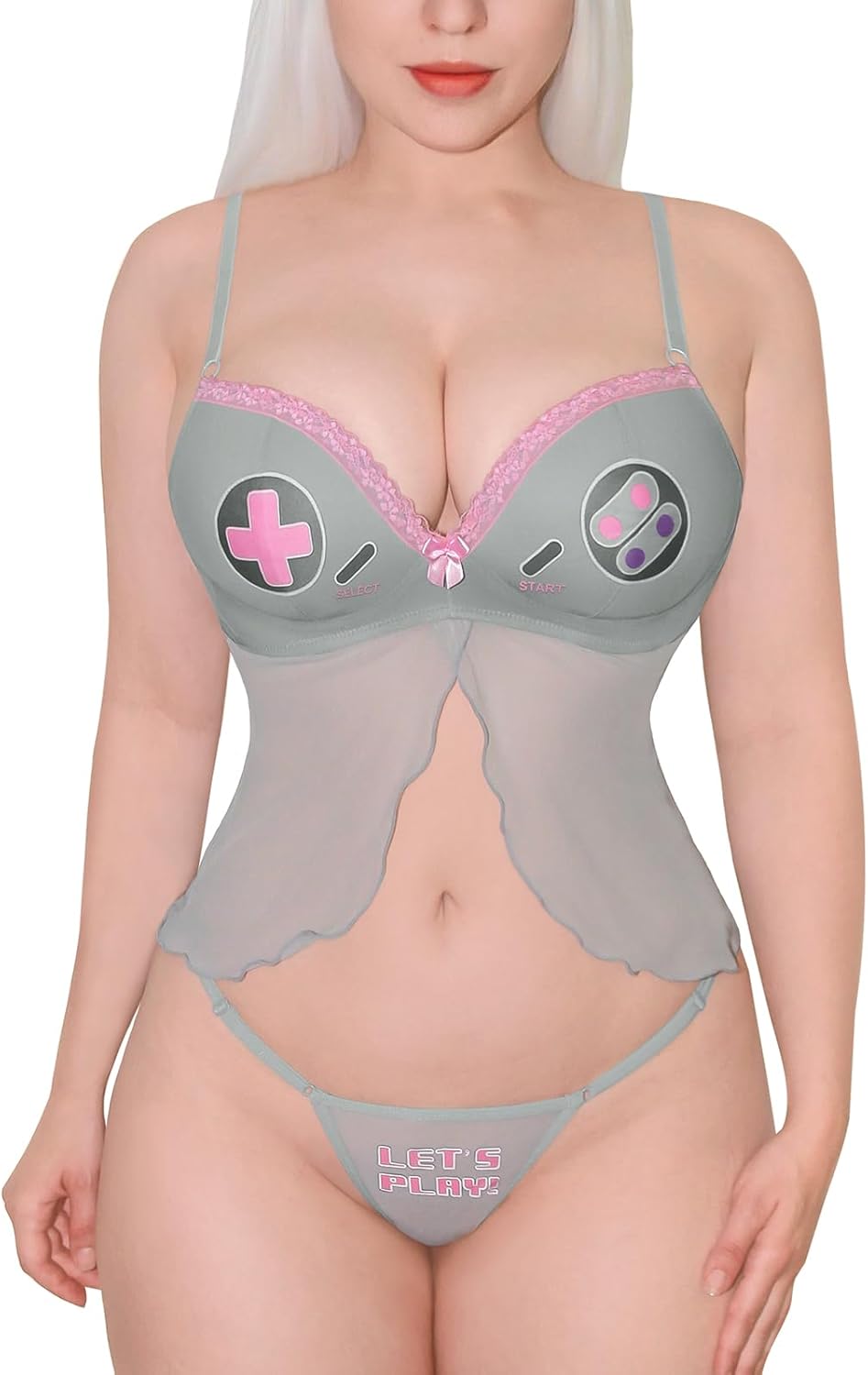 Littleforbig Women Nightwear Lace Strap Chemise Halter V Neck Sleepwear - Let’s Play Gamer Girl Lingerie Set