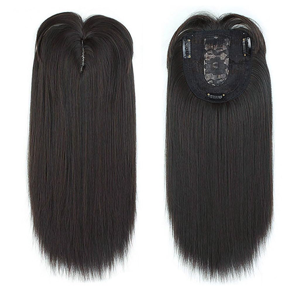 Silk Straight Hair Topper Thick Bangs 16inch Clip in One Piece Invisible Wiglet Head Top Replacement for Women Hair Loss (Off Black) - Image 2