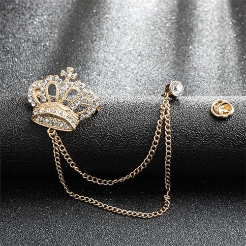 Image of coadipress Crown With Hanging Chain Brooch for Women Men Elegant Gentlemen Gold Silver Crystal Crown Lapel Pin Vintage Rhinestone Wedding Brooch Suit Shirt Pin Accessories