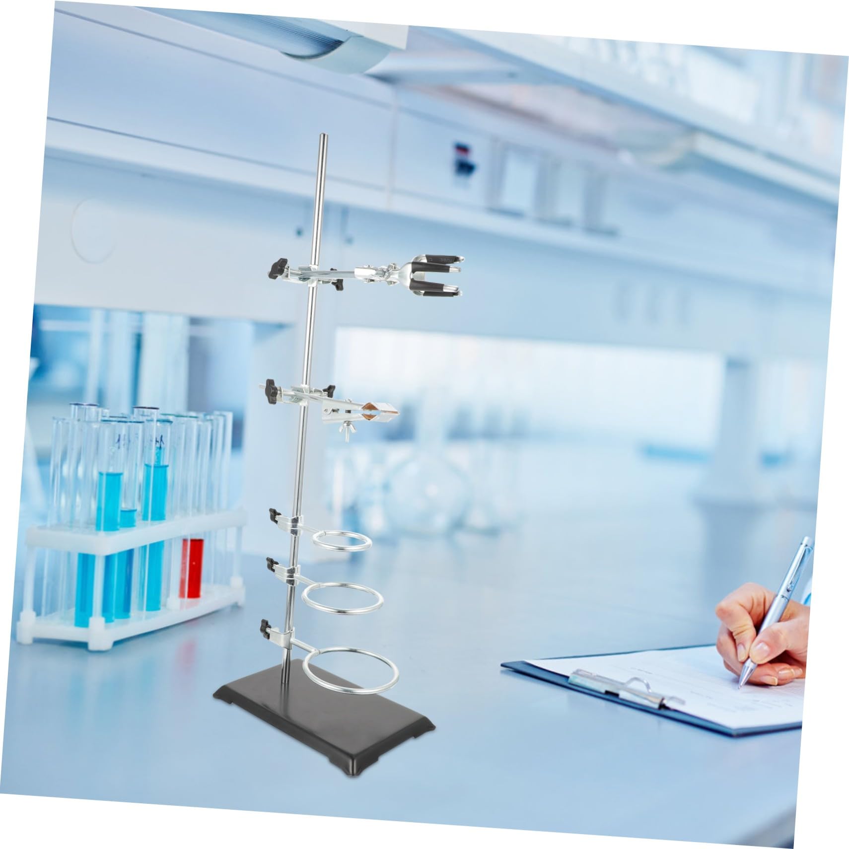 Laborstativ aus Eisen 60cm mit Fester Stützstange und 6 Verschiedenen Halterungen für Chemie Bausatz und Platzsparende Aufbewahrung im Labor
