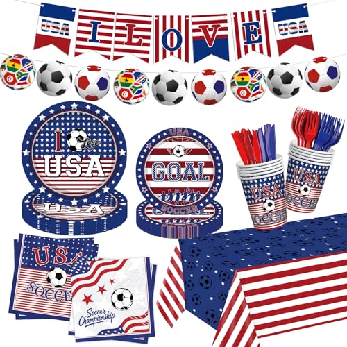 Bzhouyy USA Soccer Party Supplies 146PCS for 24 Guests American Flag Themed Disposable Tableware Set with Plates Cups Napkins Banner Tablecloth Forks & Knives Game Day Sports Party Decorations