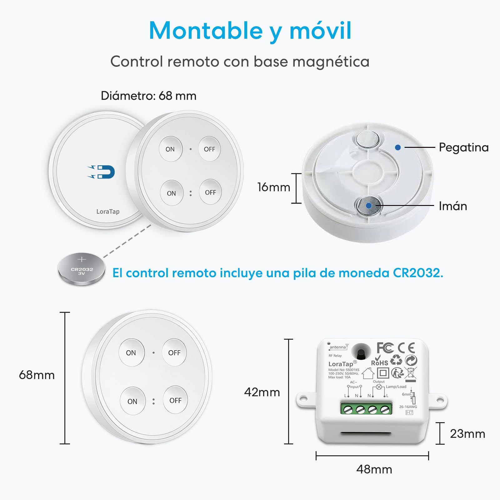Kit de Interruptor de Luces Inalámbricas, LoraTap Interruptor Inalámbrico + 2 Piezas Receptor de Relevo Control Remoto de Radio Hasta 200m Mando a Distancia para Casa Iluminación y Electrodomésticos