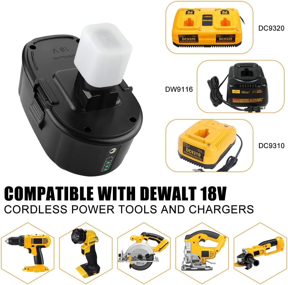 energup 2Pack 6.5Ah Lithium Replace for Dewalt 18V XRP Ni-Cad Battery DC9096 DC9098 DC9099 DE9039 DE9095 + 2Port DC9320 Fast Dual Charger for Dewalt 7.2V-18V XRP NI-CD NI-MH Battery