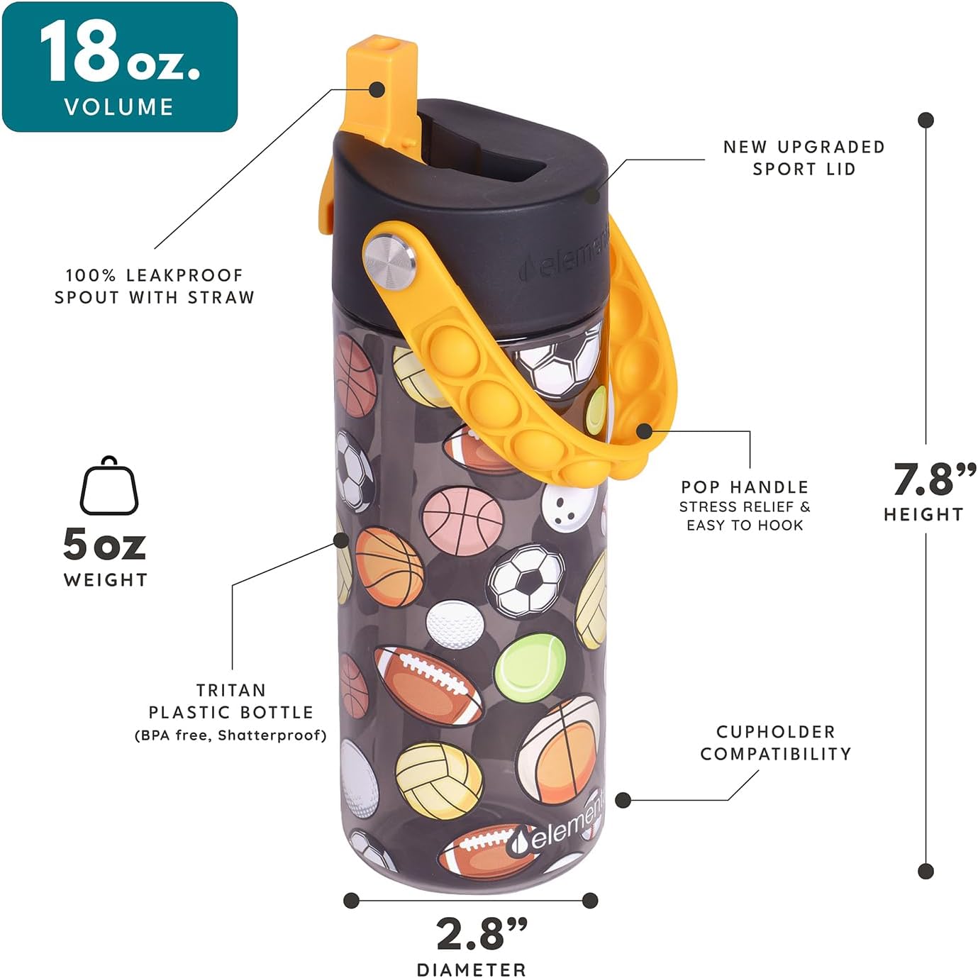 Elemental Water Bottles for Kids - Splash Kids Water Bottle for School with Pop-it Handle - BPA Free Tritan Plastic Water Bottle with Straw Leak Proof when Spout is Closed - Sports Ball - 18oz - Image 2
