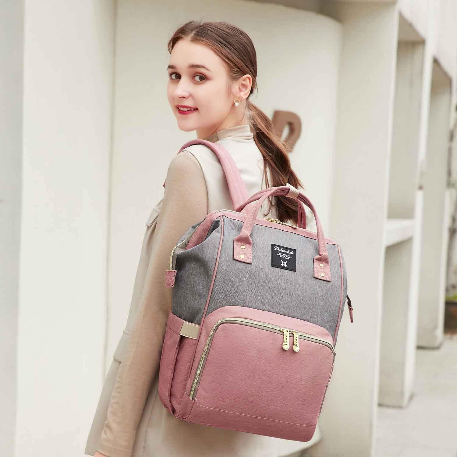 Dokoclub Diaper Bag Backpack, Multifunction Baby Bags, Large Capacity Nappy Changing Bags, Waterproof Travel Backpack,Stylish Durable, Hooks and Changepad, Pink Grey