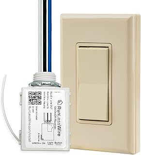 RunLessWire Single Pole Battery-Free DIY Wireless Light Switch Kit 150ft RF Range Self-Powered by Kinetic Energy for Fixtures & Outlets : 1 Remote Switch Controls 1 5A On/Off Receiver – Light Almond