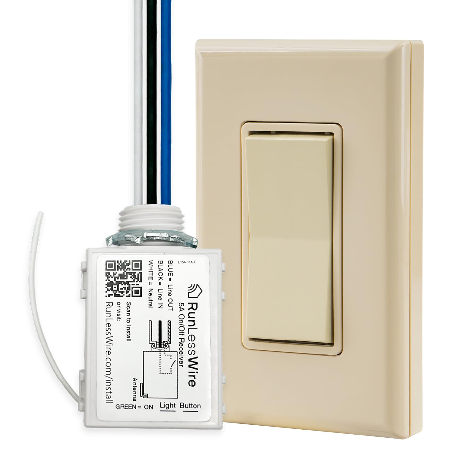 RunLessWire - Le kit d'interrupteur et récepteur sans fil d'origine auto-alimenté (sans piles), pas de WiFi nécessaire, bricolage, télécommande RF de 40 m + - Basique : 1 récepteur, 1 interrupteur -