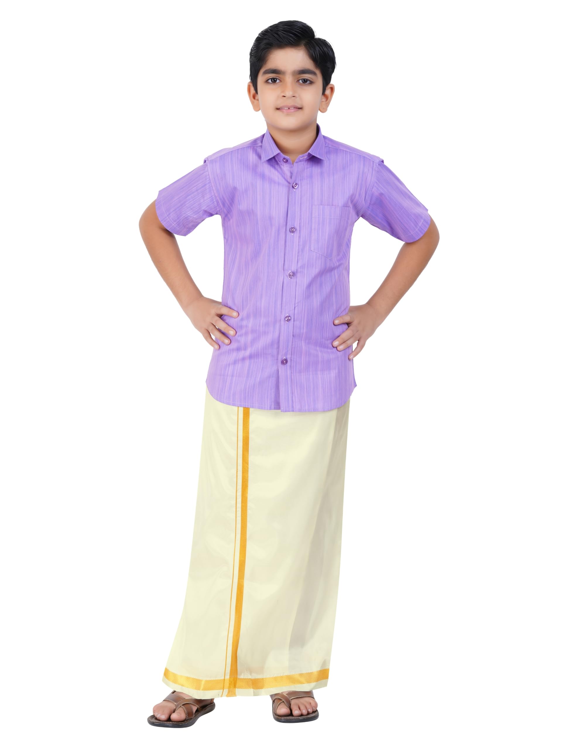 Boys Cotton Half Sleeve Self Design Shirt With Stitched Art Silk Dhoti For Boys (Madriyad-Purple)