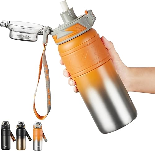 TKK Botella de agua de 24 oz con aislamiento, con pajilla, termo de acero inoxidable de doble pared al vacío con correa, reutilizable de metal para