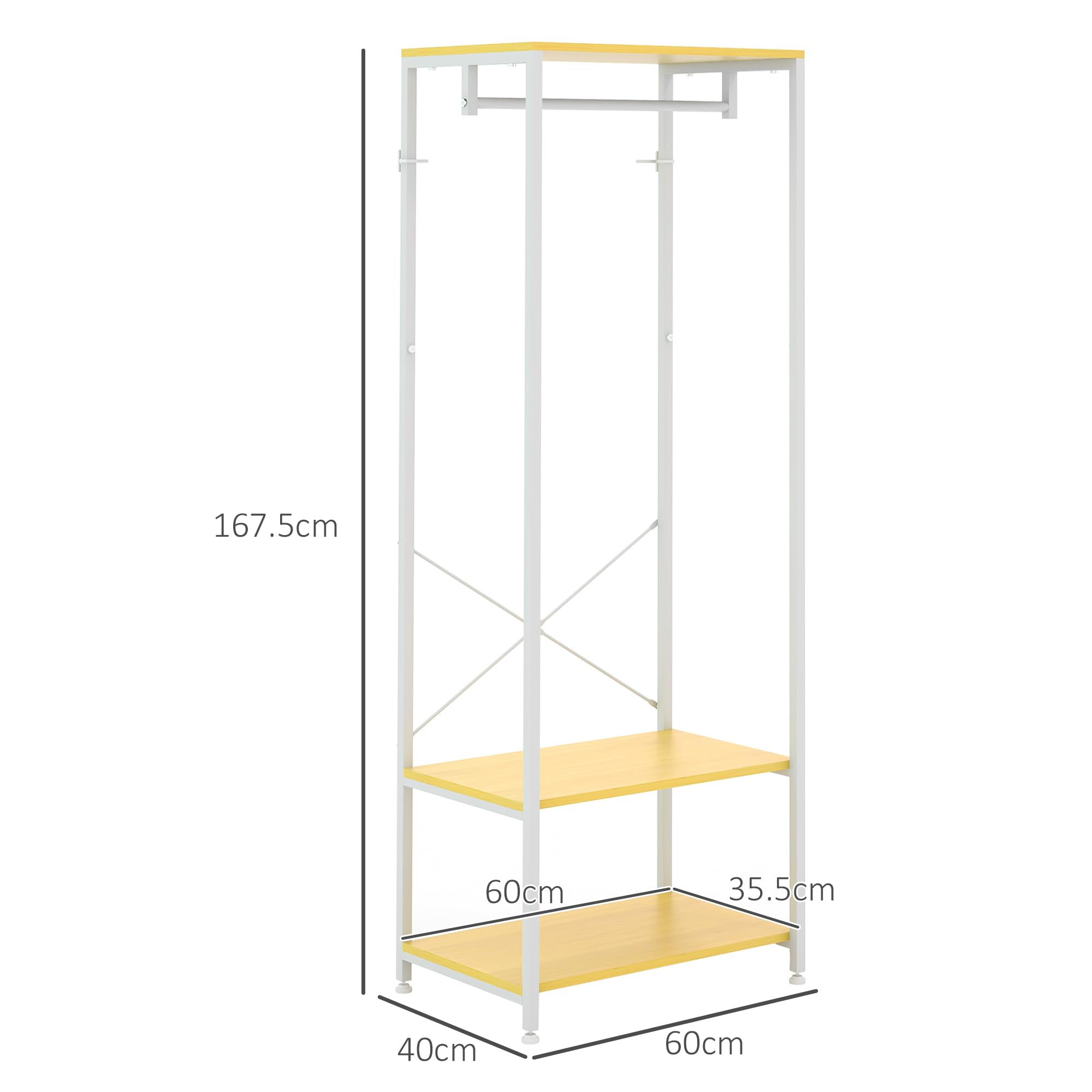 HOMCOM Mobile Appendiabiti 2 in 1 con Ripiano a 2 Livelli per Cappotti e Scarpe, Appendiabiti da Terra Moderno in Acciaio e Truciolato, 60x40x167.5 cm, Bianco e color Legno
