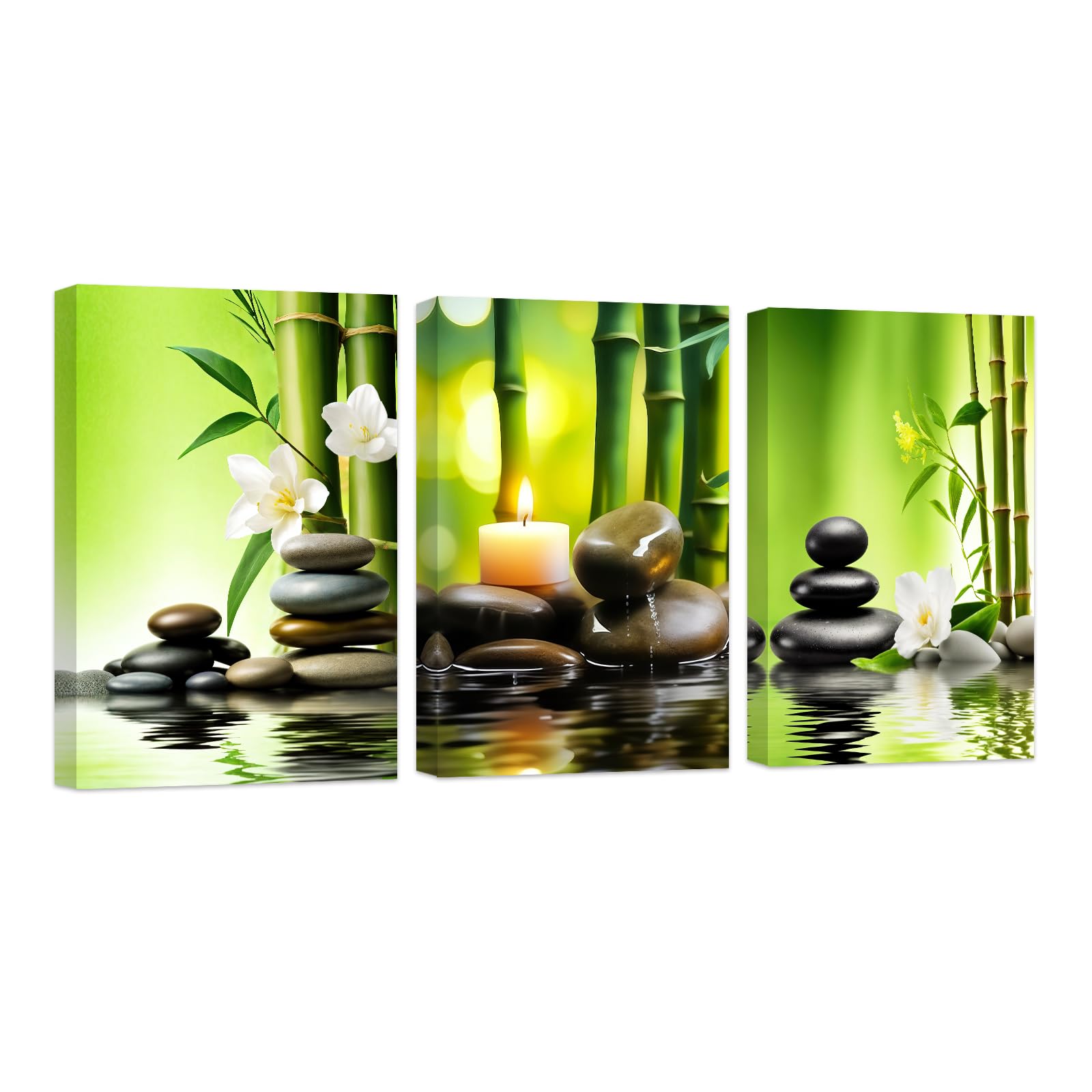 ZXHYWYM Grenn Zen Wall Art 3 Piece Bamboo White Flower Pictures Zen Stone Canvas Print Meditation Spa Yoga Room Office Bathroom Decor Framed (A, (30x40cmx3)) โ image 1