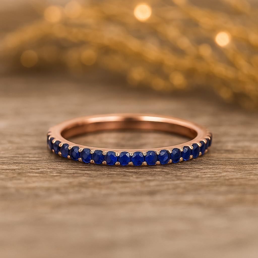 14K Rose Gold Blue Sapphire Eternity Band Dainty Round Cut Stacking Ring Thin Pave Sapphire Wedding Band Minimalist Promise Jewelry Gift For Her