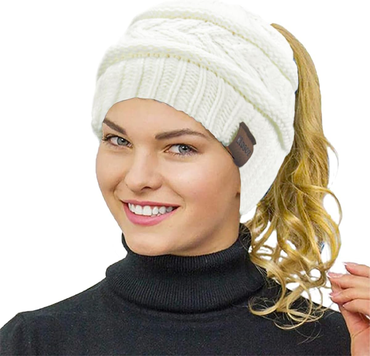 Rosoz 1&2 Packs Ponytail Beanie for Women,Winter Warm Beanie Tail Soft Stretch Cable Knit Messy High Bun Hat