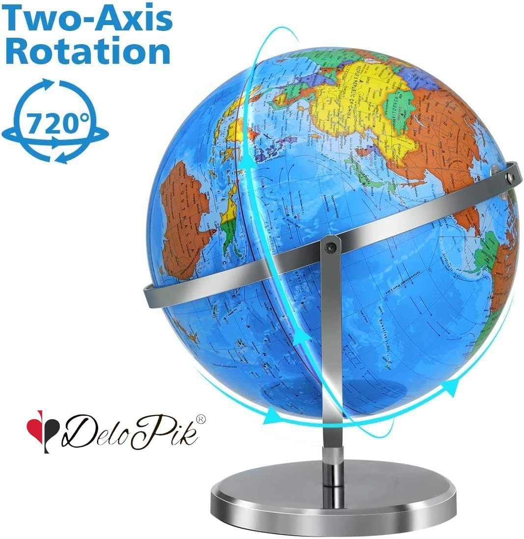 20cm World Globe Political Map Globe - English Map - Educational;Geographic;Modern Desktop Decoration - Stainless Steel Arc And plastic Base - School, Home,Office FR168(stainless B)