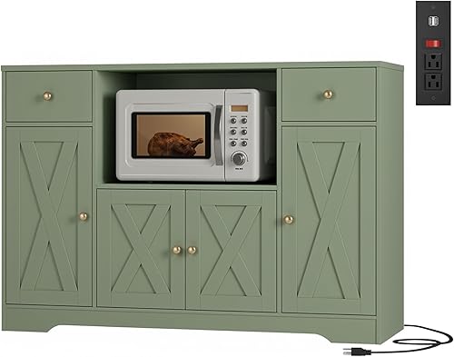 HOSTACK Armario de microondas con estación de carga, armario de almacenamiento de cocina de 47 pulgadas de ancho con soporte para microondas,