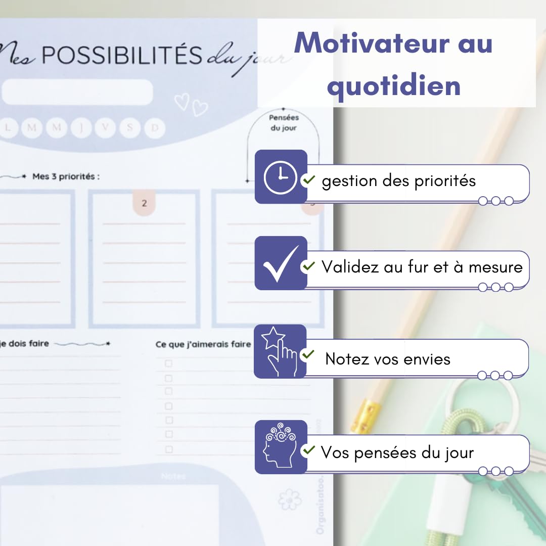 Bloc-notes développement personnel A5 50 pages détachables planning du jour français