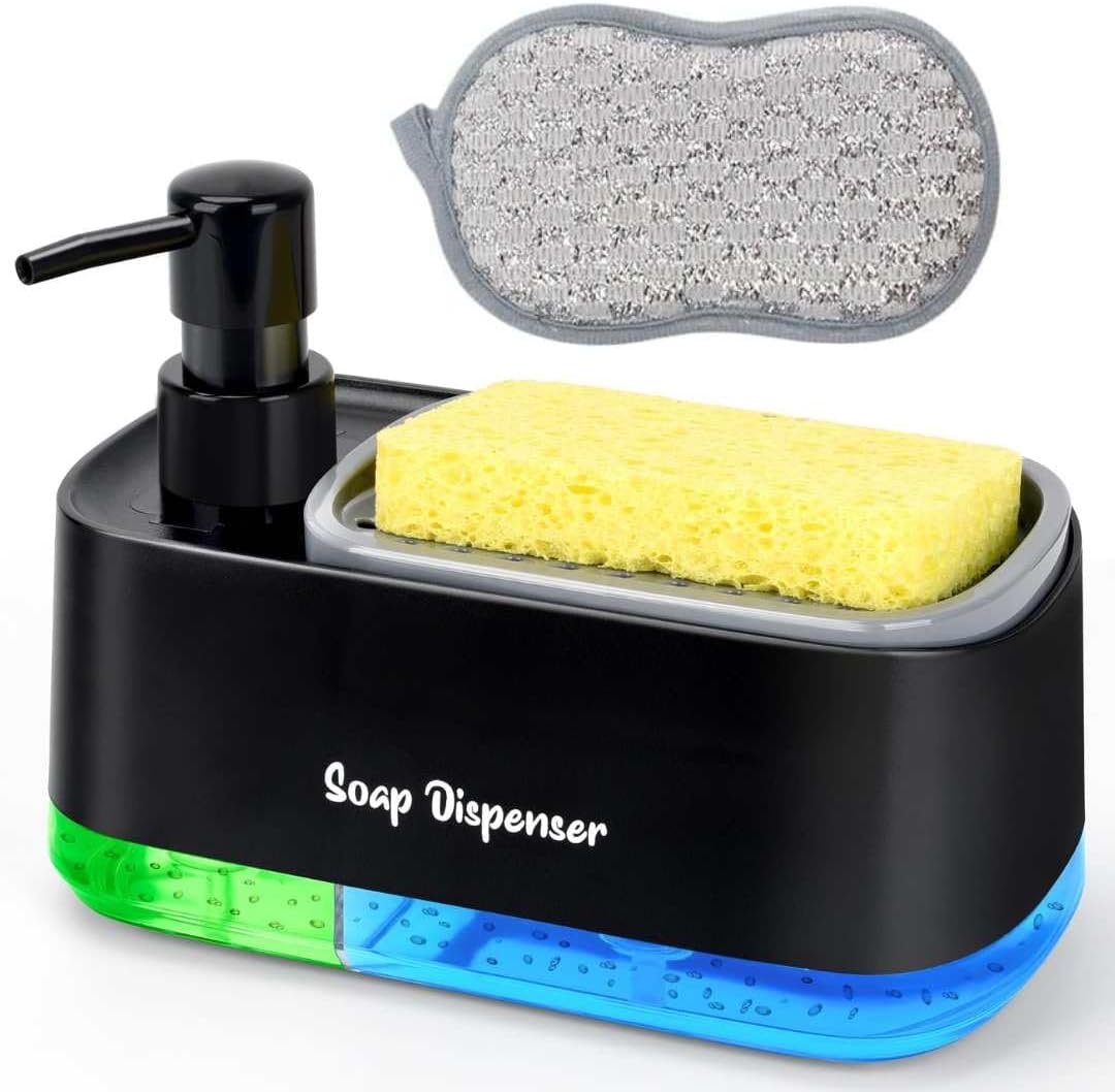 Dual Soap Dispenser Set for Kitchen - 3-in-1 Countertop Organizer with Sponge Holder, Hand & Dish Soap Pump for Kitchen Sink, with 2-Packs Multipurpose Cleaning Scrubber and Sponge,Black