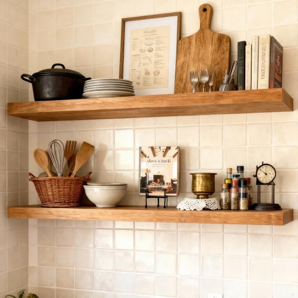 ROGMARS 36 Inches Long Walnut Floating Shelves,Rustic Solid Wood Farmhouse Wall Shelves with Invisible Brackets for Bathroom, Living Room, Bedroom, Kitchen Set of 2
