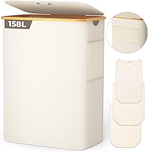 OUSFOT Panier à linge 3 Compartiments avec Couvercle 158L Corbeille a linge pliable en Tissu Oxford 600D avec Sac à linge amovible, Poche en filet à l'arrière Bac a linge Laundry baskets, Beige
