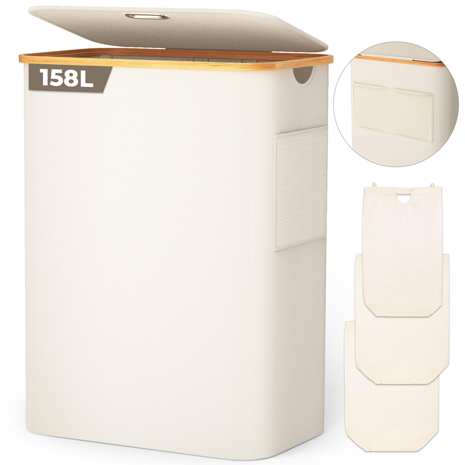 OUSFOTLaundry Basket with Lid, 3 Compartments, 158 L, Foldable 600D Oxford Fabric with Removable Laundry Bag, Mesh Pocket on the Front, Bamboo Laundry Box, Laundry Sorter, Laundry Baskets, Beige