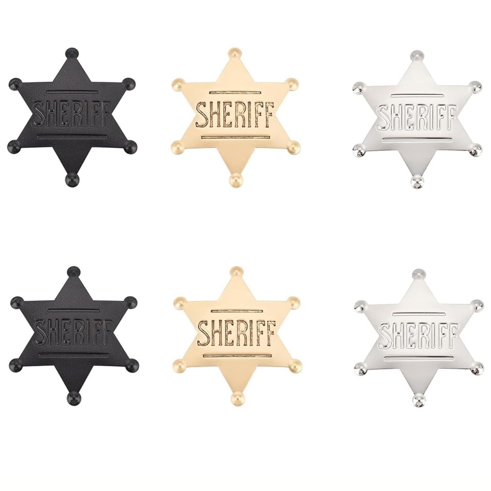Lepidi Sheriff-Abzeichen, Sheriff Stern, Cowboy Western Anstecker, Metall, Silber, Gold, Schwarz, 6 STK