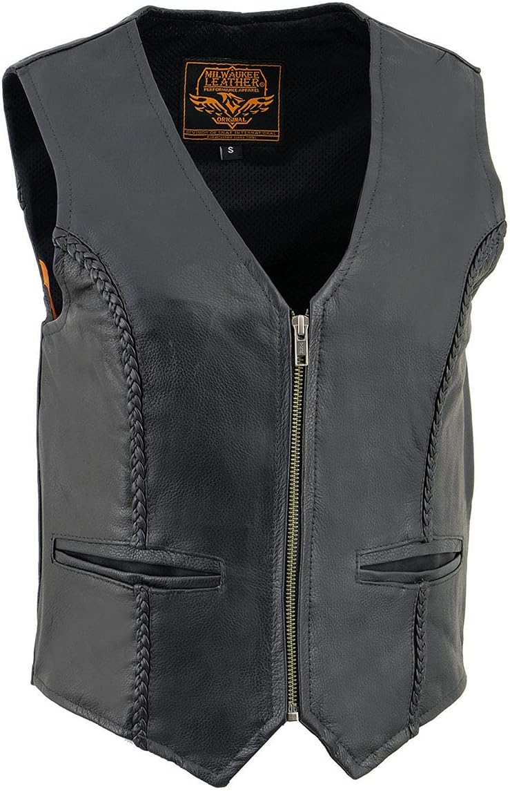 milwaukee leather sh1246z women's black leather classic braided motorcycle rider vest with zipper closure 4x-large