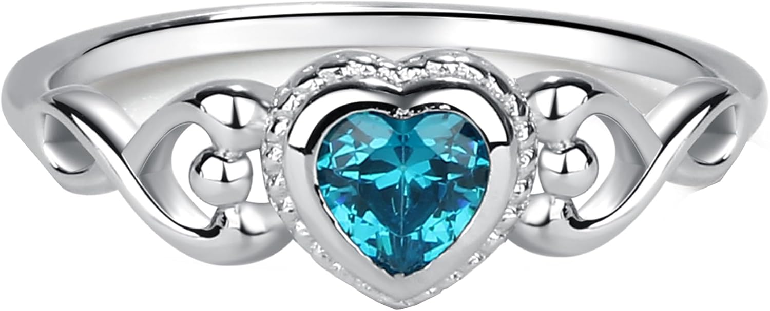 Precious Pieces 925 Sterling Silver Simulated CZ Birthstone Baby Ring with Heart for little girls, Kids and Toddlers
