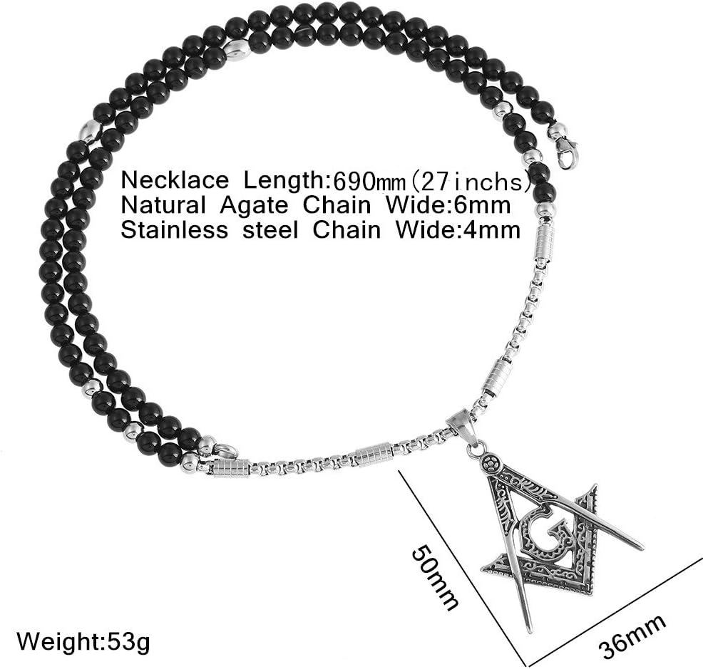 BLEUM CADE Stainless Steel Masonic Symbol Pendant Necklace with Black Natural Agate Stone Chain 27inches - Image 2
