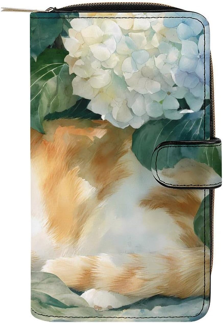 Cat Hydrangeas Flower Womens Wallet for Men Slim Purse Clutch Handbag with Card Holder