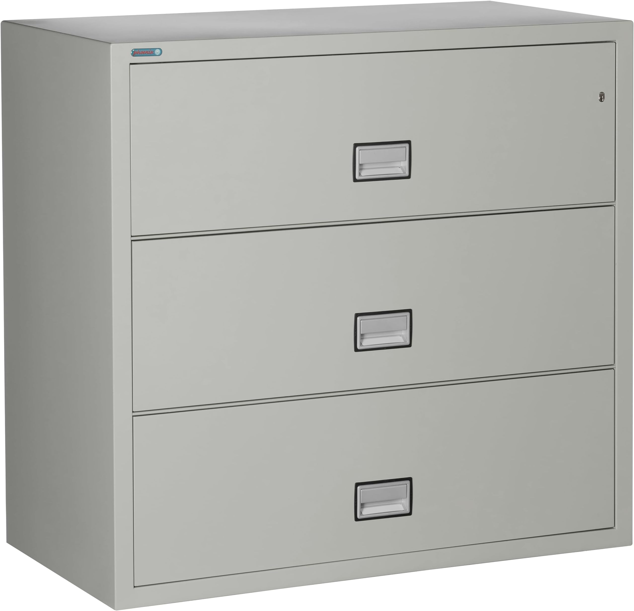 44 inch Wide 3-Drawer Lateral Fireproof File Cabinet โ Legal and Letter Size Filing โ Key Lock โ Water Resistant โ Fire Safe and Impact Rated โ Light Gray Finish โ Model LAT3W44LG