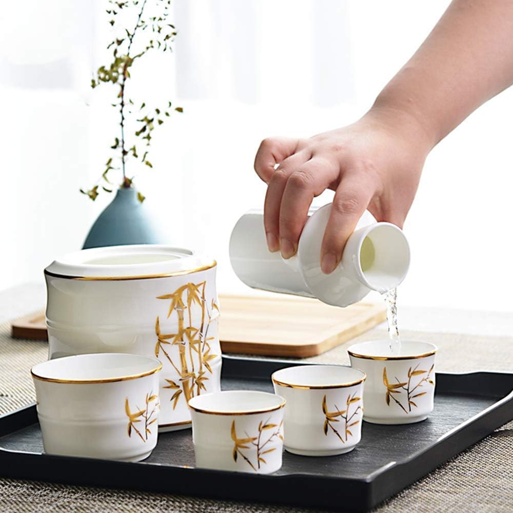 6 Piece Sake Set Bone China Wine Glasses Set with Warmer Pot and Gift Boxes Golden Bamboo Pattern Design for Cold/Warm/Shochu/Tea Best Gift-Tableware