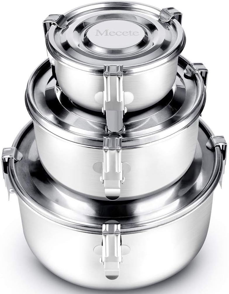 Stainless Steel Food Storage Container 304 New Clips - Leak-proof, Airtight for Camping Trips, Lunches, Leftovers, Salads, etc. 3 Pieces 1 Set