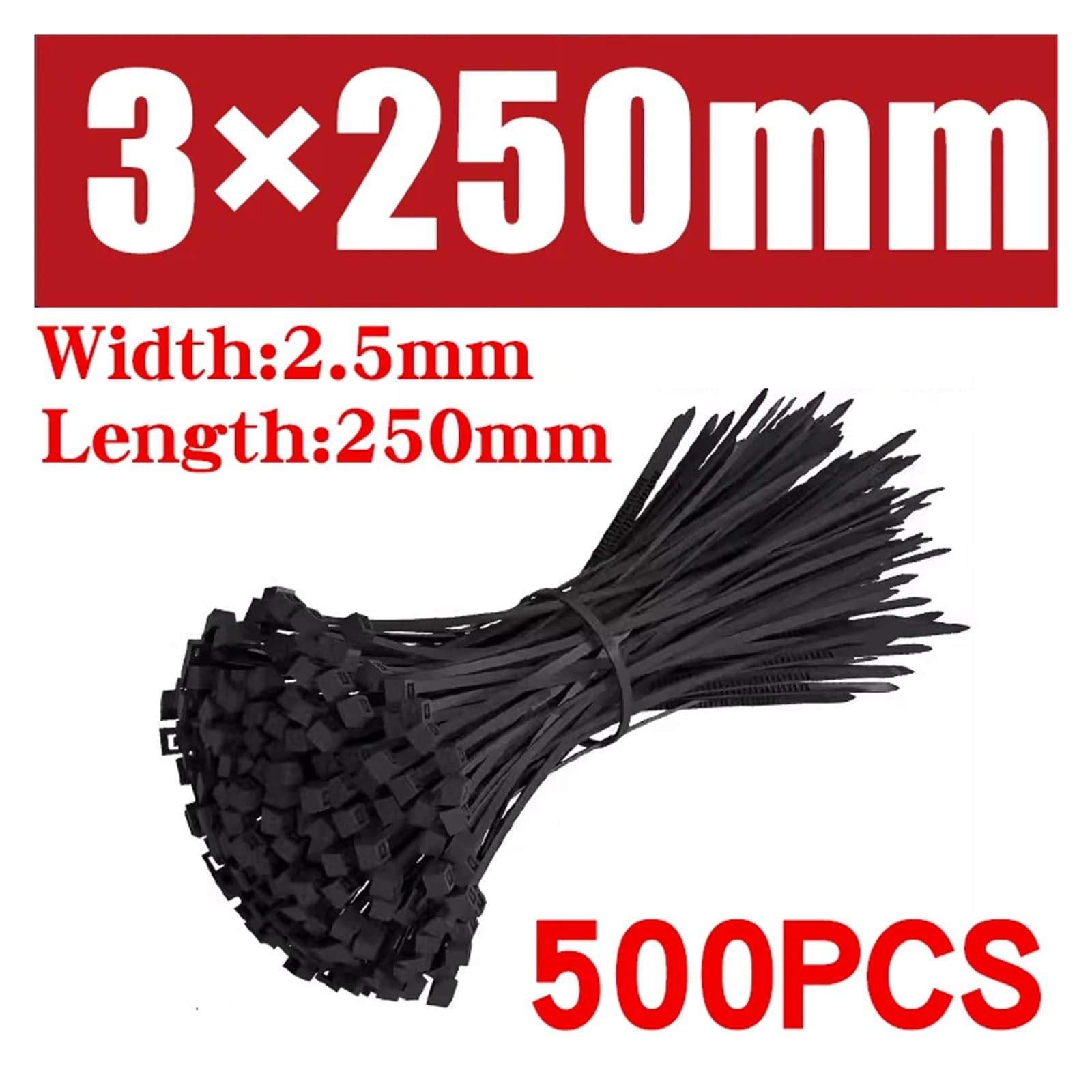 Set di cinghie avvolgibili con cerniera in nylon autobloccante da 500/1000 pezzi in nero anello fissaggio for cavi(3x250mm (500pcs))