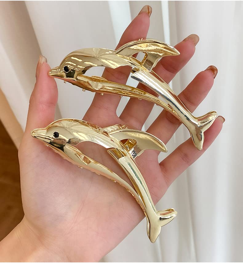 Miniatura 2 de Pinzas doradas para el cabello con forma de delfín, pinzas de metal grandes para el cabello, pinzas de horquilla doradas, pinzas antideslizantes