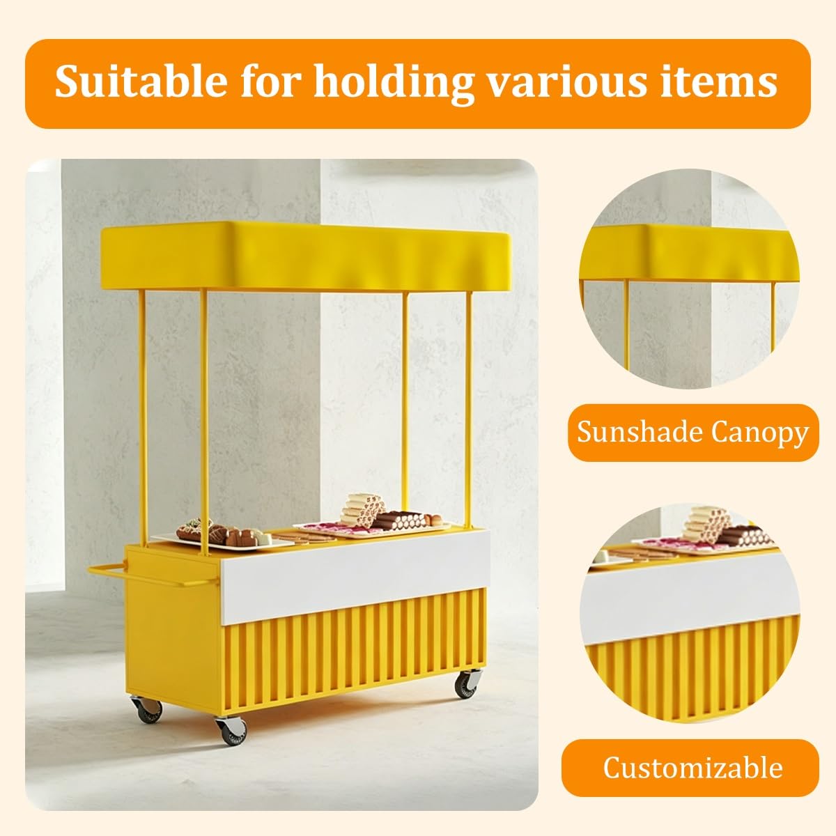 Carrito para Street Food, Puesto de Venta Móvil con Bloqueables | Carro de Venta Puesto de Mercado con Toldo, Asa Ergonómica para Mercados, Ferias y Eventos(Yellow,130cm)