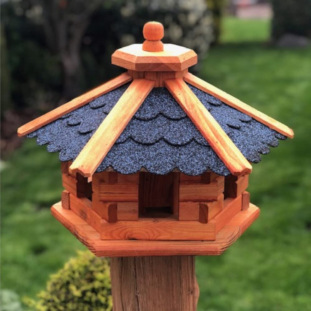 Handgefertigtes Sechseck Vogelhaus aus Holz wetterfest M - XXL wahlweise mit und ohne Ständer, Futterhaus, Futterhäuschen (Größe M ohne Ständer, Blau - Braun)