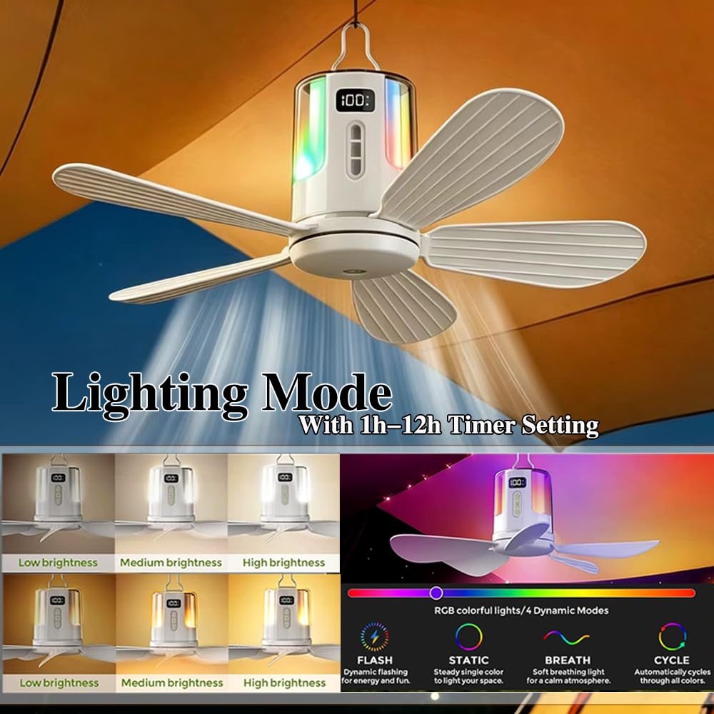 Ventilatore da soffitto con illuminazione da campeggio, ricaricabile, ventilatore da soffitto con luce e telecomando, USB, timer, piccolo ventilatore da soffitto con batteria da campeggio per esterni