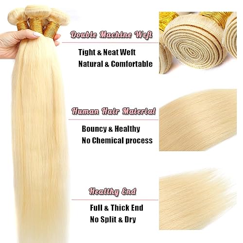 Miniatura 5 de Paquetes de cabello humano rubio de 12 pulgadas, 613 paquetes de cabello humano virgen brasileño 10A, extensiones de cabello rubio, extensiones de