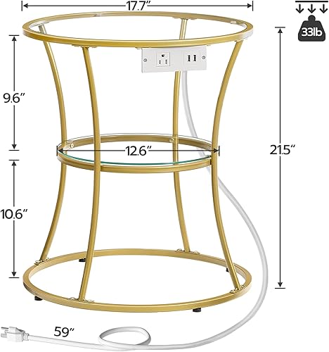Miniatura 2 de HOOBRO Mesa auxiliar redonda con estación de carga mesa auxiliar redonda de vidrio templado con 2 estantes mesa auxiliar dorada con marco de metal
