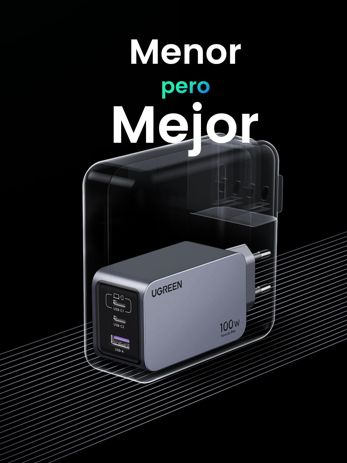 UGREEN Nexode Pro 100W Cargador USB C Carga Rápida GAN Adaptador | 3 Puertos PD 3.0 PPS 45W Compatible con Galaxy S26 S25 Ultra MacBook iPad iPhone 17 Pro MAX Air 16 Steam Deck