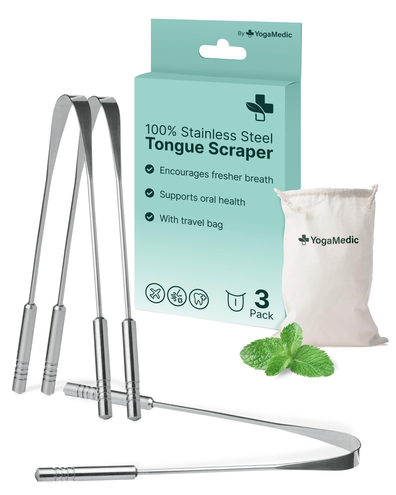 YogaMedic Tongue Scraper for Adults & Kids, 100% Stainless Steel Cleaner - Tongue Cleaners with Travel Case, Personal Care Products, Oral Dental Care, Bad Breath Treatment for Adults, U Shape, 3 Pack