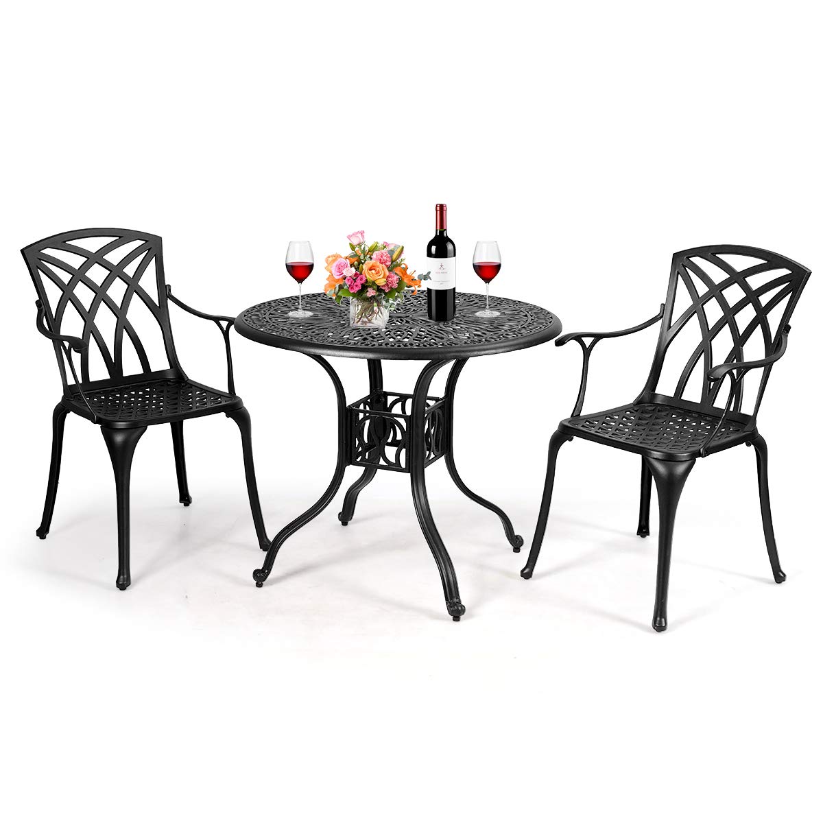 Giantex Bistro Table Set with 2 Chairs, Cast Aluminum Patio Table and Chairs Set, Outdoor Round Dining Table with Umbrella Hole for Yard, Garden, Deck (Black)
