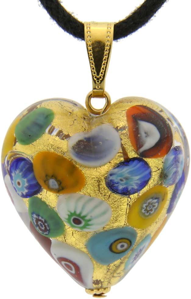 Venice Murano Glass Heart Pendant Necklace - Klimt Design with Multicolor Millefiori and 24K Gold Size 1-inch - Handmade in Italy - Murano Glass Pendants for Women