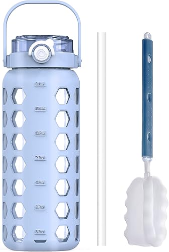 MUKOKO Botellas de agua de vidrio de 56 onzas con popote y tapa, jarra de agua motivacional con recordatorio de marcador de tiempo y funda de