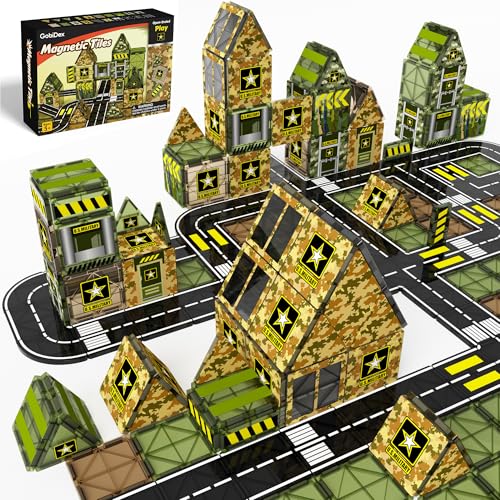 GobiDex Magnetic Tiles Army Toys, STEM Military Magnetic Building Blocks for Toddler Kids Ages 3-5 4-8, Sensory Magnet Construction Toys Birthday Gifts for 3+ Year Old Boys & Girls Army Men Playset