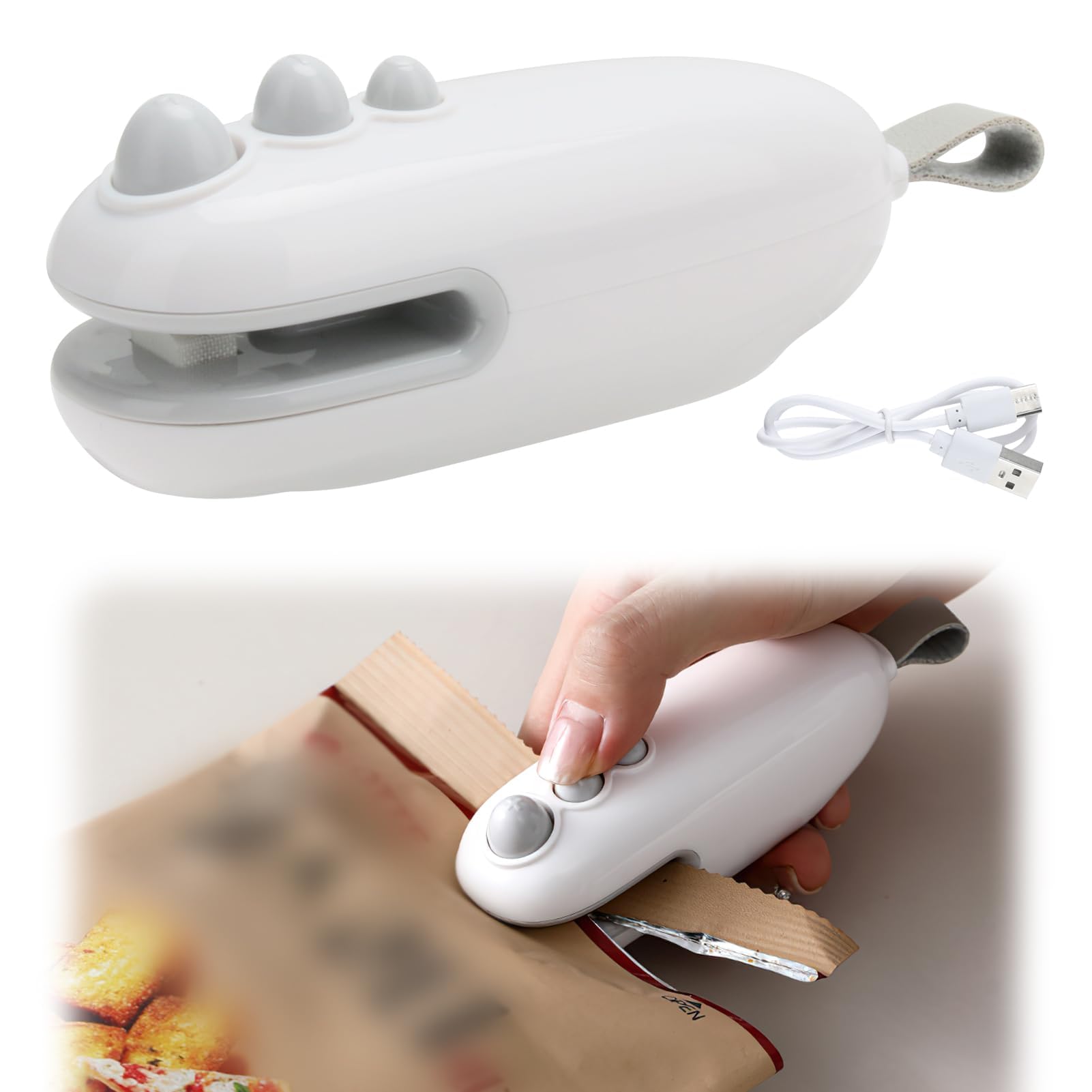 PRETTI Mini Bag Sealer and Cutter, Rechargeable Handheld Heat Sealer Machine with Magnetic Back, Portable USB Type-C Charge, Safety Lock, White - Keeps Food Fresh and Snacks Crisp