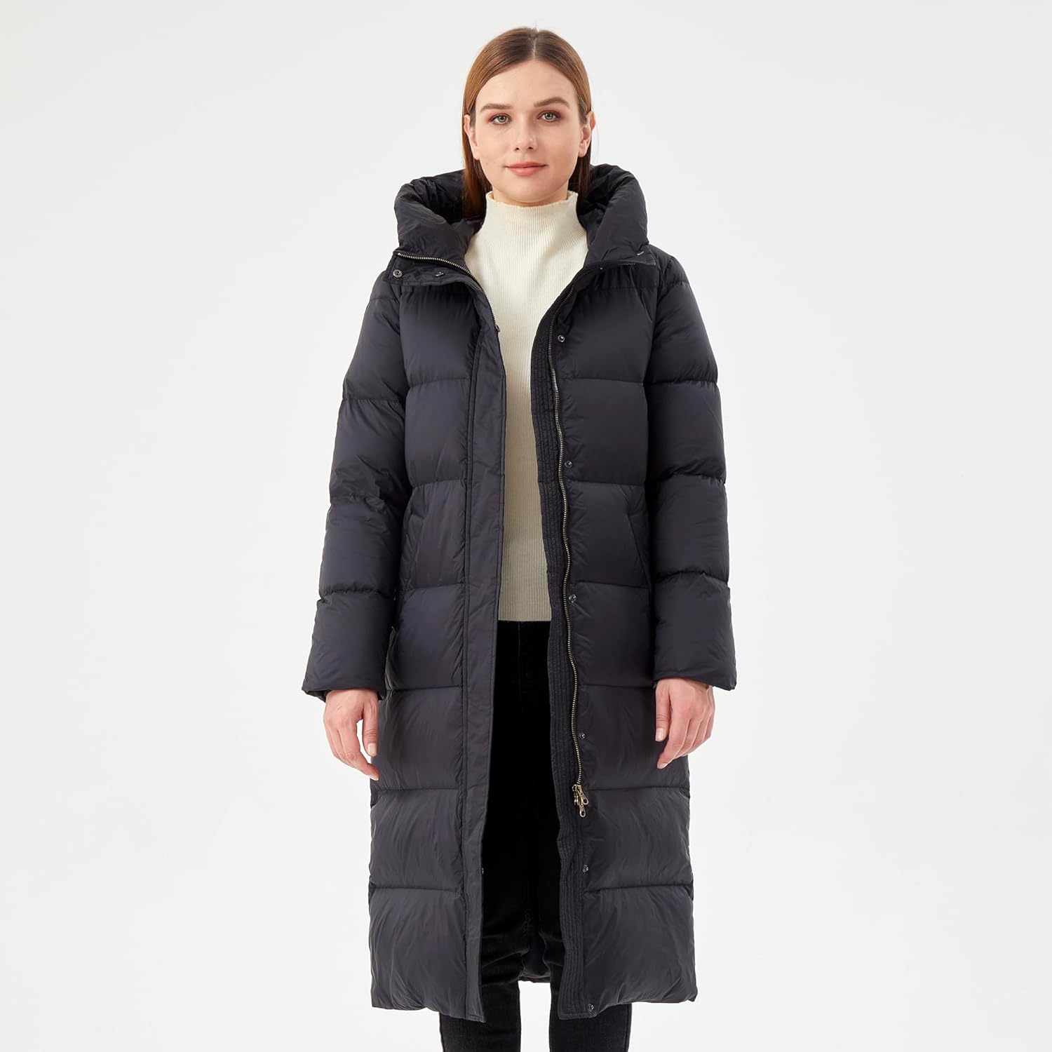 Women’s Long Goose Down Jacket with Hood, Warm Thermal Lining, Knee-Length Winter Puffer Coat