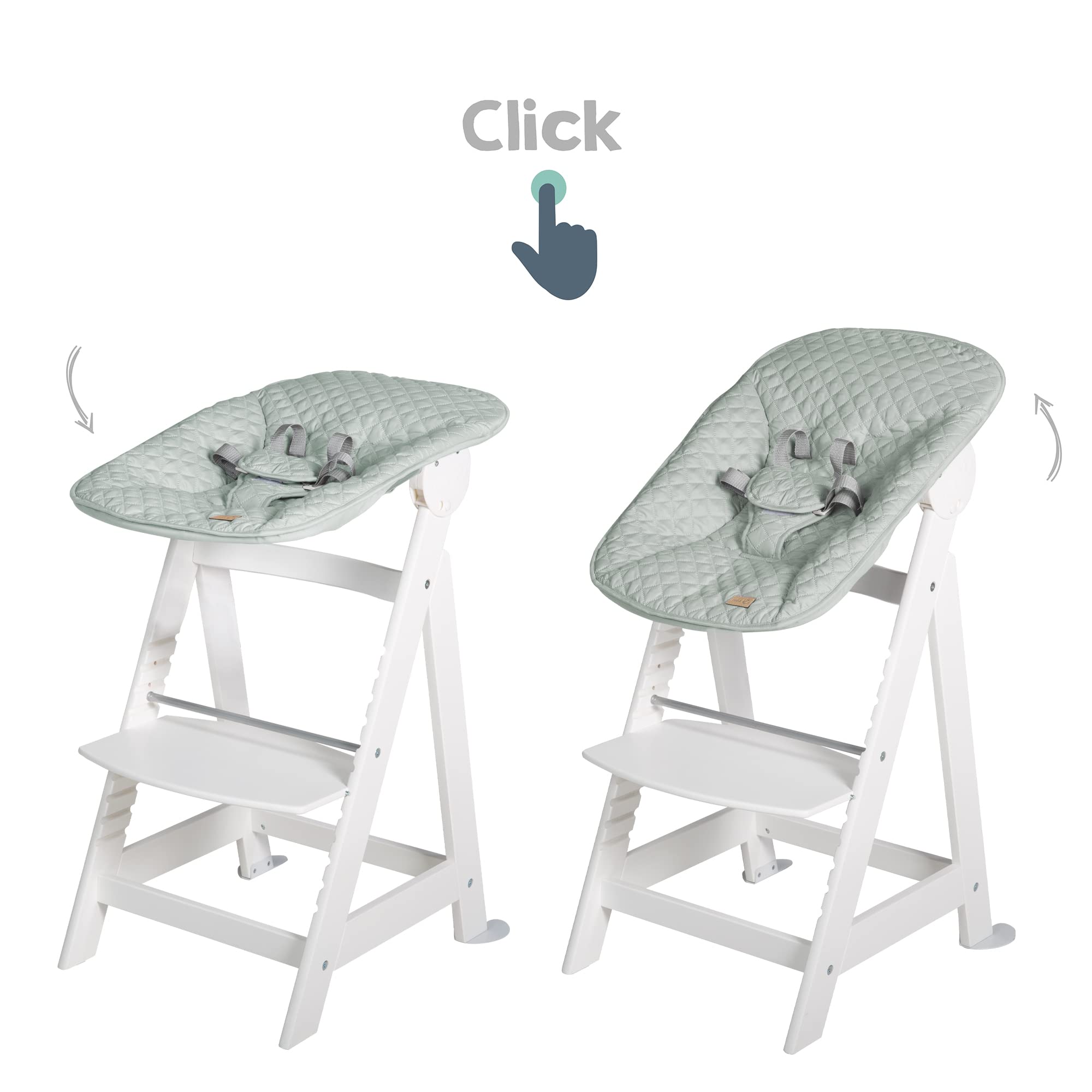 roba Seggiolone Evolutivo Born Up 2in1, Sdraietta roba Style Verde Ghiaccio Reclinabile, Fodera Impermeabile, Altezza Regolabile, Robusto e Resistente, Ergonomico, fino ai 70 kg, Legno Laccato Bianco